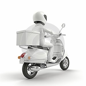 A delivery person is riding a scooter with a package box against a white background photo
