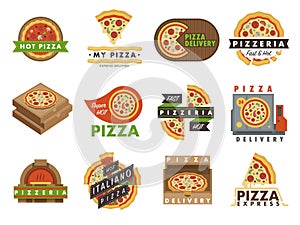 Delivery pizza logo badge pizzeria restaurant service fast food vector illustration.