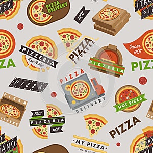 Delivery pizza logo badge pizzeria restaurant service fast food vector illustration seamless pattern background