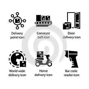 Delivery point, Conveyor belt, Door delivery, World wide delivery, Home delivery, Bar code reader, icon