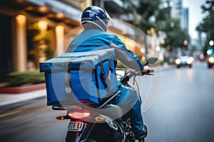 Delivery professional in blue uniform speeds on a motorcycle, delivering