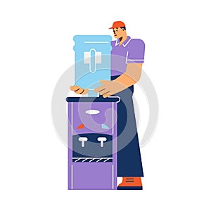 Delivery and replacement of water in cooler, flat vector illustration isolated.