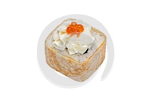 Delivery from a restaurant of Japanese cuisine - sushi rolls. Traditional fresh japanese sushi rolls on white plate