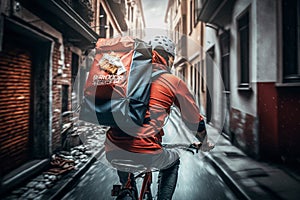 A delivery rider with a backpack riding a bicycle through the city to make deliveries. AI