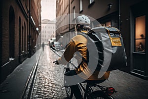 A delivery rider with a backpack riding a bicycle through the city to make deliveries. AI