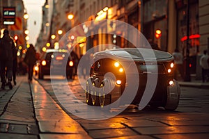 Delivery robot cruising on a city sidewalk at dusk