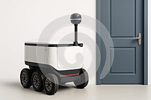 A delivery robot waits at a closed door. Space for text.