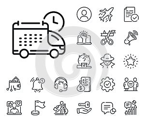 Delivery schedule line icon. Logistics calendar sign. Salaryman, gender equality and alert bell. Vector