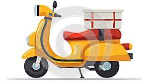 Delivery scooter parked carrying package, empty seat. Yellow motorbike delivery service, side photo