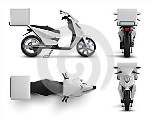 Delivery scooter. Realistic motorcycle with blank bag for food and drinks, restaurant and cafe courier bike with white