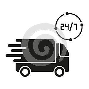 Delivery Service 24 7 Silhouette Icon. Express Cargo Vehicle Around The Clock Glyph Pictogram. Parcel Shipment Time
