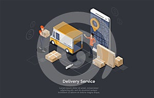 Delivery Service app with Postal Yellow Van, Mobile Phone, Courier and Costumer. Delivery Van And Mobile Phone With City