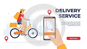 Delivery service application. Woman riding bicycle with food mobile app. Online service, courier on bike