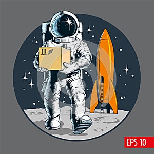 Delivery service, astronaut holding package or cardboard box. Space colonization. Shipping cargo to space. Vector illustration