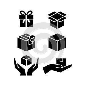 Delivery service boxes icons. Box, open and closed, gift box, handle with care icons for logistics and shipping.