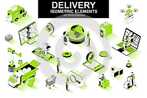 Delivery service bundle of isometric elements. Courier on scooter, delivery truck, pinpointer, warehouse worker, quadcopter,