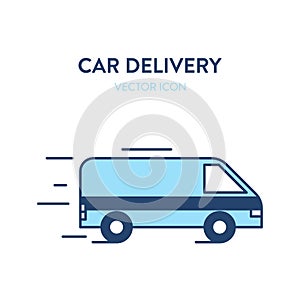 Delivery service car icon. Vector illustration of a moving van. Represents a concept of fast delivery. Can be used as a logo, icon