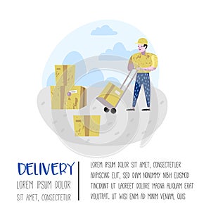Delivery Service, Cargo Industry Poster, Banner. Courier Character. Postal Worker in Uniform with Parcels