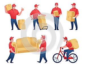 Delivery service. Cartoon mail man and food delivery worker carrying cardboard boxes. Vector scenes of courier with