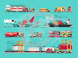 Delivery service concept. Container cargo ship loading, truck loader, warehouse, plane, train. Flat style illustration.