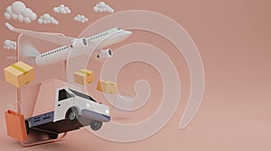 Delivery service concept. Delivery van, airplane shipping cargo, shopping bag and brown box shipping fast from mobile screen. 3D