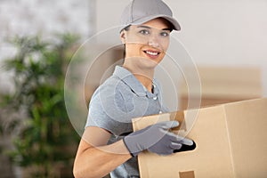 delivery service concept delivery woman holding box