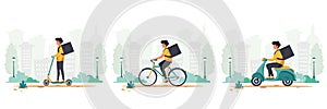 Delivery service concept by electric scooter, bicycle and motorbike. Vector illustration