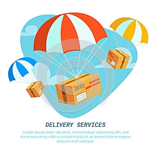 Delivery service concept. Flat design colored vector illustration of package with parachute. Fast Delivery Service