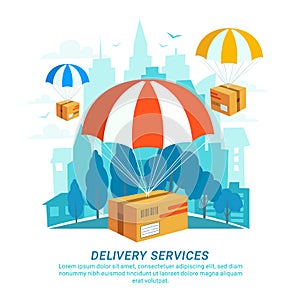 Delivery service concept. Flat design, packages with parachutes on Urban landscape in flat style. Fast Delivery Service