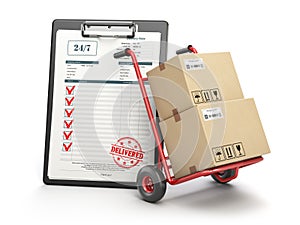 Delivery service concept. Hand truck with parcel carton cardboard boxes and clipboard with receipt form isolated on white.