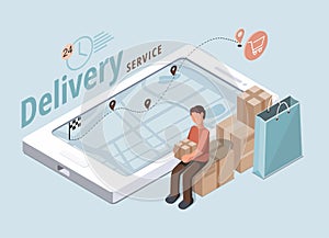 Delivery service concept. Man holds box on blue background. Business logistic