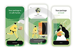 Delivery service concept onboarding screens. Fast courier delivery of parcels, logistics and express shipping. UI, UX, GUI user