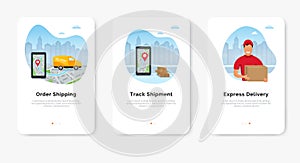 Delivery service concept, order shipping on smartphone with map for shipment tracking, delivery man, van against city background.