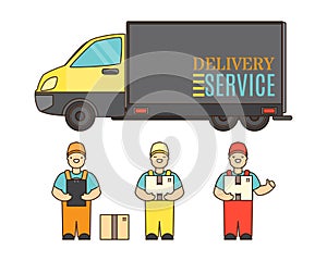 Delivery service concept poster in cartoon style. Relocation service company deliver boxes by truck