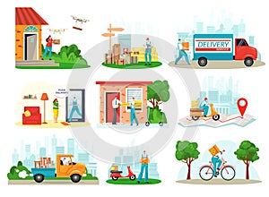 Delivery service, courier delivering box, shipping packages, freight logistic business icons flat set isolated vector