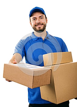 Delivery service courier giving cardboard shipping box