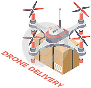 Delivery service delivers parcel using flying copter. Future technologies of online transfer of goods