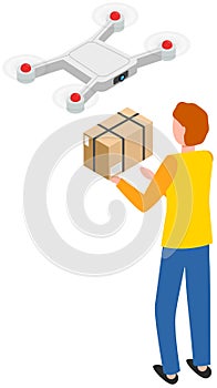 Delivery service delivers parcel using flying copter. Future technologies of online transfer of goods