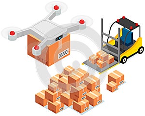 Delivery service delivers parcel using flying copter. Future technologies of online transfer of goods