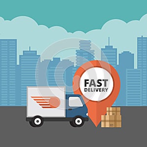 Delivery service. Delivery truck on city background. Flat style