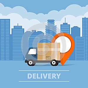 Delivery service. Delivery truck on city background. Flat style