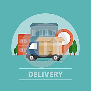 Delivery service. Delivery truck on city background. Flat style