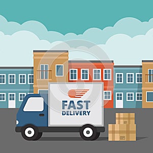 Delivery service. Delivery truck on city background. Flat style