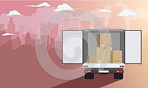 Delivery service. Delivery truck over cityscape with stack of carton boxes rear view. Flat style, vector illustration.