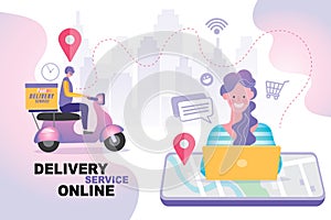 Delivery service, e-commerce. Receiving package from courier to customer.