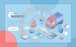 Delivery Service. Express delivery, Online tracking shipping order. Delivery truck, drone, mobile app, parcels. Isometric vector