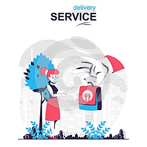 Delivery service isolated cartoon concept. Woman receiving order from courier, fast shipping people scene in flat design. Vector