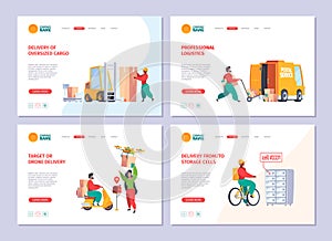 Delivery service landing. Postman deliver mail packages customer services sending paper mail garish vector business web