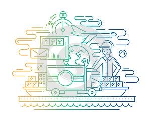 Delivery service line flat design illustration with male and cargo