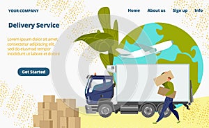 Delivery service, male character loader concept landing page, lorry vehicle cartoon vector illustration. Website online